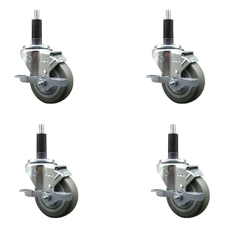 Service Caster 3.5'' Gray Poly Swivel 1'' Expanding Stem Caster Set with Brake, 4PK SCC-EX20S3514-PPUB-TLB-1-4